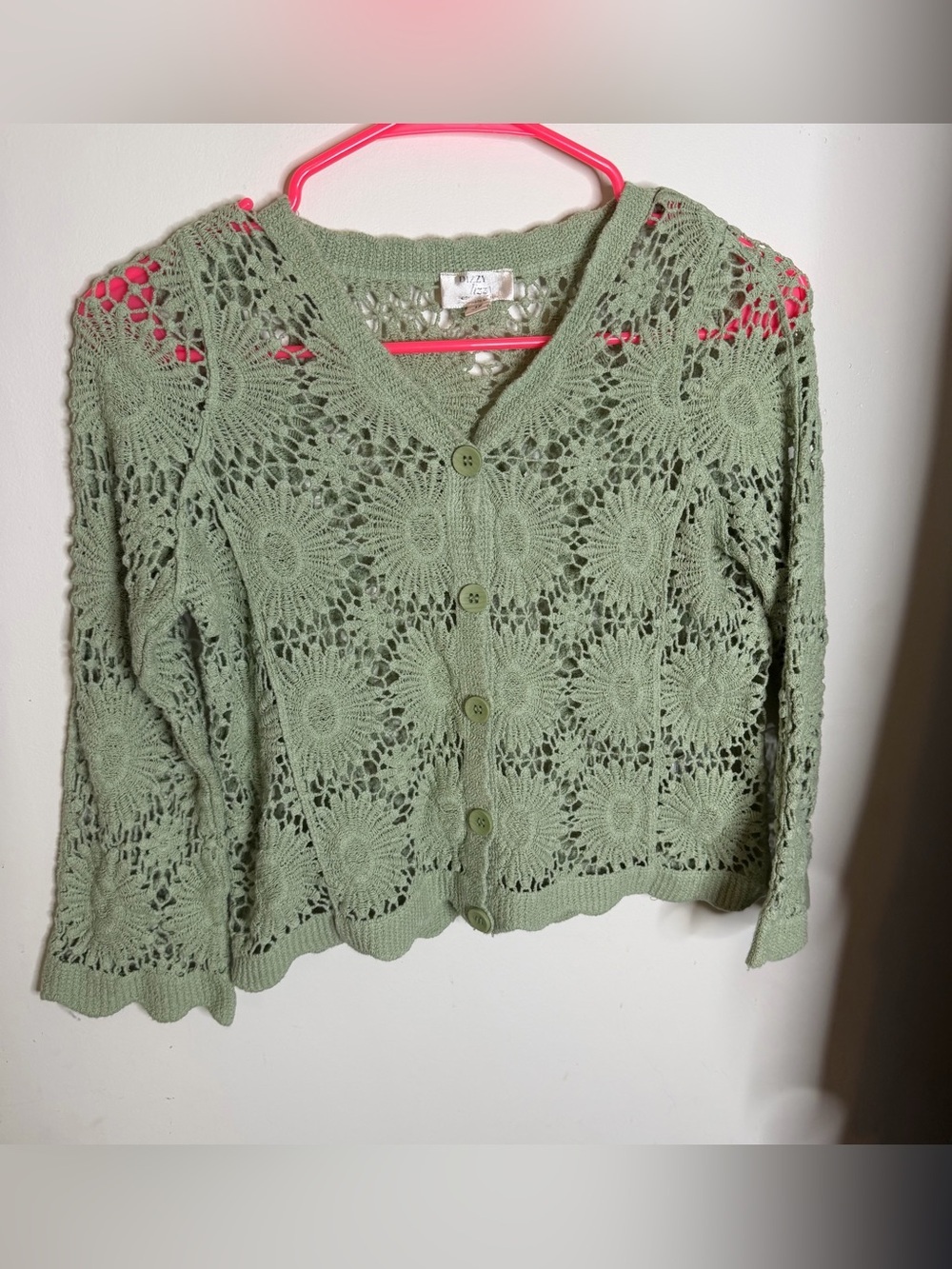 Dizzy Lizzy Sage Crochet Floral Button-Up Cardigan (see description for size)